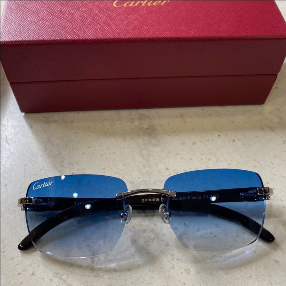 Men's Cartier Blue Tinted Frames Black and Silver Lens Free Shipping